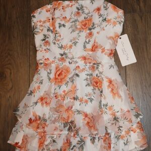 Floral Strapless Tiered Ruffle Romper — White with Orange Floral